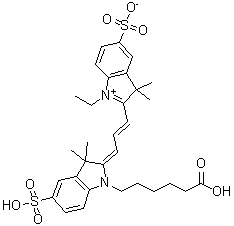 structure of CAS# 146368-13-0, 2-[3-[1-(5-Carboxypentyl)-1,3-dihydro-3,3-dimethyl-5-sulfo-2H-indol-2-ylidene]-1-propen-1-yl]-1-ethyl-3,3-dimethyl-5-sulfo-3H-indolium inner salt