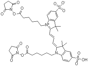 structure of CAS# 146397-20-8, 1-[6-[(2,5-Dioxo-1-pyrrolidinyl)oxy]-6-oxohexyl]-2-[3-[1-[6-[(2,5-dioxo-1-pyrrolidinyl)oxy]-6-oxohexyl]-1,3-dihydro-3,3-dimethyl-5-sulfo-2H-indol-2-ylidene]-1-propenyl]-3,3-dimethyl-5-sulfo-3H-indolium inner salt;Cy 3