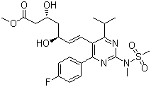 结构式 CAS# 147118-40-9, 瑞舒伐他汀甲酯; 罗苏伐他汀甲酯; 超级他汀甲酯; 7-[4-(4-氟苯基)-6-异丙基-2-(N-甲基-N-甲磺酰氨基)嘧啶-5-基]-3,5-二羟基-6(E)-庚烯酸甲酯