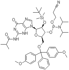 structure of CAS# 147201-04-5, 5'-O-(4,4-Dimethoxytrityl)-2'-O-[(tert-butyl)dimethylsilyl]-N-isobutyrylguanosine-3'-(2-cyanoethyl-N,N-diisopropyl)phosphoramidite;5'-O-DMT-2'-TBDMS-rG(N-iBu)-3'-CEDPA