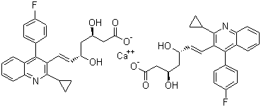 structure of CAS# 147526-32-7, Pitavastatin calcium;(+)-Monocalcium bis{(3R,5S,6E)-7-[2-cyclopropyl-4-(4-fluorophenyl)-3-quinolyl]-3,5-dihydroxy-6-heptenoate}