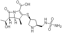 structure of CAS# 148016-81-3, Doripenem;(+)-(4R,5S,6S)-6-[(1R)-1-Hydro-xyethyl]-4-methyl-7-oxo-3-[[(3S,5S)-5-[(sulfamoylamino)-methyl]-3-pyrrolidinyl]thio]-1-azabicyclo[3.2.0]hept-2-ene-2-carboxylic acid