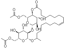 structure of CAS# 148409-20-5, (9Z,17S)-17-[[6-O-Acetyl-2-O-(6-O-acetyl-beta-D-glucopyranosyl)-beta-D-glucopyranosyl]oxy]-9-octadecenoic acid intramol. 1,4''-ester;2,5-Ethano-7H,26H-pyrano[3,2-d]-1,3,6,24-tetraoxacyclohexacosin