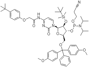 structure of CAS# 149989-66-2, 5'-O-(4,4-Dimethoxytrityl)-2'-O-[(tert-butyl)dimethylsilyl]-N-[[4-(tert-butyl)phenoxy]acetyl]cytidine-3'-(2-cyanoethyl-N,N-diisopropyl)phosphoramidite;5'-O-DMT-2'-TBDMS-rC(N-tac)-3'-CEDPA