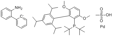 structure of CAS# 1536473-72-9, [2'-(amino-κN)[1,1'-biphenyl]-2-yl-κC][[3,6-dimethoxy-2',4',6'-tris(1-methylethyl)[1,1'-biphenyl]-2-yl]bis(1,1-dimethylethyl)phosphine-κP](methanesulfonato-κO)-Palladium;tBuBrettPhos Pd G3