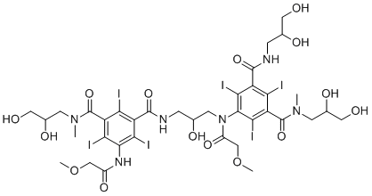 structure of CAS# 154361-55-4, Iopromide EP Impurity D;3-N-(2,3-dihydroxypropyl)-1-N-[3-[3-(2,3-dihydroxypropylcarbamoyl)-5-[2,3-dihydroxypropyl(methyl)carbamoyl]-2,4,6-triiodo-N-(2-methoxyacetyl)anilino]-2-hydroxypropyl]-2,4,6-triiodo-5-[(2-methoxyacetyl)amino]-3-N-methylbenzene-1,3-dicarboxamide