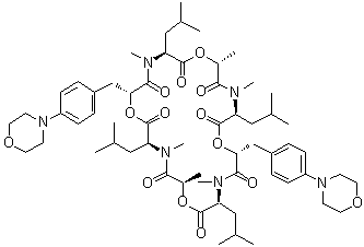structure of CAS# 155030-63-0, Emodepside;Cyclo[D-2-hydroxypropanoyl-N-methyl-L-leucyl-3-[4-(4-morpholinyl)phenyl]-D-2-hydroxypropanoyl-N-methyl-L-leucyl-D-2-hydroxypropanoyl-N-methyl-L-leucyl-3-[4-(4-morpholinyl)phenyl]-D-2-hydroxypropanoyl-N-methyl-L-leucyl]; PF 1022-221