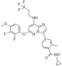 结构式 CAS# 1554458-53-5, N-环丙基-4-[6-(2,3-二氟-4-甲氧基苯氧基)-8-[(3,3,3-三氟丙基)氨基]咪唑并[1,2-b]哒嗪-3-基]-2-甲基苯甲酰胺