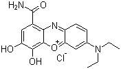 structure of CAS# 1562-90-9, Celestin Blue;1-(Aminocarbonyl)-7-(diethylamino)-3,4-dihydroxyphenoxazin-5-ium chloride; Celestin Blue B; Celestine Blue; Celestine Blue B; Coreine Blue B; Coreine RR No. 65; Gallo Sky Blue B; Gallo Sky Blue S