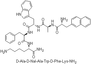 structure of CAS# 158861-67-7, Pralmorelin;D-Alanyl-3-(2-naphthalenyl)-D-alanyl-L-alanyl-L-tryptophyl-D-phenylalanyl-L-lysinamide; (2S)-6-amino-2-[[(2R)-2-[[(2S)-2-[[(2S)-2-[[(2R)-2-amino-3-naphthalen-2-yl-propanoyl]amino]propanoyl]amino]-3-(1H-indol-3-yl)propanoyl]amino]-3-phenyl-propanoyl]amino]-N-[(2R)-2-aminopropanoyl]hexanamide; D-Ala-bata-(2-naphthyl)-D-Ala-Trp-D-Phe-Lys amide