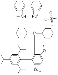 structure of CAS# 1599466-83-7, (SP-4-3)-[dicyclohexyl[3,6-dimethoxy-2',4',6'-tris(1-methylethyl)[1,1'-biphenyl]-2-yl]phosphine-κP](methanesulfonato-κO)[2'-(methylamino-κN)[1,1'-biphenyl]-2-yl-κC]-Palladium;BrettPhos Pd G4
