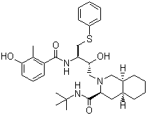 structure of CAS# 159989-64-7, Nelfinavir;(3S,4aS,8aS)-N-(1,1-Dimethylethyl)decahydro-2-[(2R,3R)-2-hydroxy-3-[(3-hydroxy-2-methylbenzoyl)amino]-4-(phenylthio)butyl]-3-isoquinolinecarboxamide