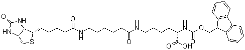 N2-[(9H-Fluoren-9-ylmethoxy)carbonyl]-N6-[6-[[5-[(3aS,4S,6aR)-hexahydro-2-oxo-1H-thieno[3,4-d]imidazol-4-yl]-1-oxopentyl]amino]-1-oxohexyl]-L-lysine molecular structure (CAS 160158-05-4)