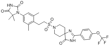 structure of CAS# 1613373-33-3, PCO371;1-[3,5-dimethyl-4-[2-[[4-oxo-2-[4-(trifluoromethoxy)phenyl]-1,3,8-triazaspiro[4.5]dec-1-en-8-yl]sulfonyl]ethyl]phenyl]-5,5-dimethylimidazolidine-2,4-dione