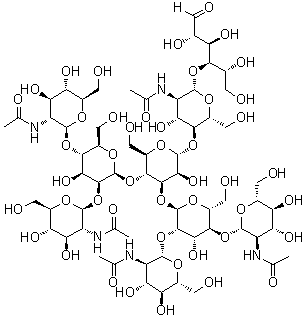 2-(Acetylamino)-2-deoxy-beta-D-glucopyranosyl-(1→4)-O-[2-(acetylamino)-2-deoxy-beta-D-glucopyranosyl-(1→2)]-O-beta-D-mannopyranosyl-(1→4)-O-[O-2-(acetylamino)-2-deoxy-beta-D-glucopyranosyl-(1→4)-O-[O-2-(acetylamino)-2-deoxy-beta-D-glucopyranosyl-(1→2)]-O-alpha-D-mannopyranosyl-(1→3)]-O-alpha-D-mannopyranosyl-(1→4)-O-2-(acetylamino)-2-deoxy-beta-D-glucopyranosyl-(1→4)-D-mannose molecular structure (CAS 1620146-04-4)