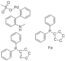 structure of CAS# 1621274-17-6, DPPF Pd G4;(SP-4-3)-[1-(Diphenylphosphino-?P)-1'-(diphenylphosphino)ferrocene](methanesulfonato-?O)[2'-(methylamino-?N)[1,1'-biphenyl]-2-yl-?C]palladium