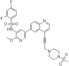 结构式 CAS# 1676893-24-5, 2,4-二氟-N-[2-甲氧基-5-[4-[3-[4-(甲基磺酰基)-1-哌嗪基]-1-丙炔-1-基]-6-喹啉基]-3-吡啶基]苯磺酰胺