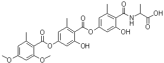 structure of CAS# 169181-28-6, Amidepsine A;2,4-Dimethoxy-6-methyl-benzoic acid 4-[[4-[[(1-carboxyethyl)amino]carbonyl]-3-hydroxy-5-methylphenoxy]carbonyl]-3-hydroxy-5-methylphenyl ester; FO 2942A