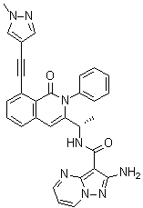 structure of CAS# 1693758-51-8, 2-Amino-N-[(1S)-1-[1,2-dihydro-8-[2-(1-methyl-1H-pyrazol-4-yl)ethynyl]-1-oxo-2-phenyl-3-isoquinolinyl]ethyl]-pyrazolo[1,5-a]pyrimidine-3-carboxamide;IPI 549