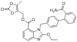 structure of CAS# 1696392-12-7, Azilsartan Impurity Q;(5-methyl-2-oxo-1,3-dioxol-4-yl)methyl 3-[[4-(2-carbamoylphenyl)phenyl]methyl]-2-ethoxybenzimidazole-4-carboxylate