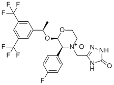 structure of CAS# 172673-23-3, Fosaprepitant Impurity 2;Aprepitant N-Oxide;3-[[(2R,3S)-2-[(1R)-1-[3,5-bis(trifluoromethyl)phenyl]ethoxy]-3-(4-fluorophenyl)-4-oxidomorpholin-4-ium-4-yl]methyl]-1,4-dihydro-1,2,4-triazol-5-one
