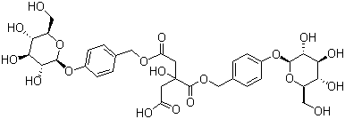 structure of CAS# 174972-79-3, Parishin B;[2-(Carboxymethyl)-2-hydroxy-1,4-dioxo-1,4-butanediyl]bis(oxymethylene-4,1-phenylene) bis-beta-D-glucopyranoside