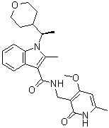 structure of CAS# 1802175-06-9, N-[(1,2-Dihydro-4-methoxy-6-methyl-2-oxo-3-pyridinyl)methyl]-2-methyl-1-[(1R)-1-(tetrahydro-2H-pyran-4-yl)ethyl]-1H-indole-3-carboxamide