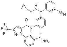 structure of CAS# 1809010-50-1, Berotralstat;2-[3-(aminomethyl)phenyl]-N-[5-[(R)-(3-cyanophenyl)-(cyclopropylmethylamino)methyl]-2-fluorophenyl]-5-(trifluoromethyl)pyrazole-3-carboxamide