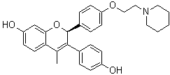 structure of CAS# 182167-02-8, Acolbifene;(2S)-3-(4-Hydroxyphenyl)-4-methyl-2-[4-[2-(1-piperidinyl)ethoxy]phenyl]-2H-1-benzopyran-7-ol; EM 652; Sch 57068