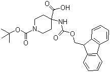 结构式 CAS# 183673-66-7, N-Boc-4-(Fmoc-氨基)哌啶-4-甲酸; N-叔丁氧羰基-4-(芴甲氧羰基氨基)哌啶-4-甲酸
