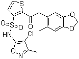 structure of CAS# 184036-34-8, Sitaxsentan;N-(4-Chloro-3-methyl-5-isoxazolyl)-2-[(2-methyl-4,5-methylenedioxyphenyl)acetyl]thiophene-3-sulfonamide