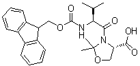 structure of CAS# 186023-49-4, (4S)-3-[(2S)-2-[[(9H-Fluoren-9-ylmethoxy)carbonyl]amino]-3-methyl-1-oxobutyl]-2,2-dimethyl-4-oxazolidinecarboxylic acid