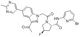 structure of CAS# 1903768-17-1, (2S,4R)-1-[2-[3-Acetyl-5-(2-methyl-5-pyrimidinyl)-1H-indazol-1-yl]acetyl]-N-(6-bromo-2-pyridinyl)-4-fluoro-2-Pyrrolidinecarboxamide;ACH 0144471; ACH 4471; Danicopan