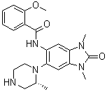 structure of CAS# 1910124-24-1, N-[2,3-Dihydro-1,3-dimethyl-6-[(2R)-2-methyl-1-piperazinyl]-2-oxo-1H-benzimidazol-5-yl]-2-methoxybenzamide