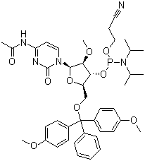 structure of CAS# 199593-09-4, N-Acetyl-5'-O-(4,4-dimethoxytrityl)-2'-O-methylcytidine-3'-(2-cyanoethyl-N,N-diisopropyl)phosphoramidite;5'-O-DMT-2'-O-Me-rC(N-Ac)-3'-CEDPA