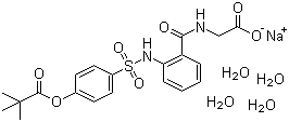 structure of CAS# 201677-61-4, Sivelestat sodium;Sivelestat sodium hydrate; N-[2-[[[4-(2,2-Dimethyl-1-oxopropoxy)phenyl]sulfonyl]amino]benzoyl]-(S)-glycine monosodium salt tetrahydrate