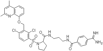 structure of CAS# 209733-45-9, Anatibant;(2S)-N-(3-(4-Carbamimidoylbenzamido)propyl)-1-(2,4-dichloro-3-((2,4-dimethyl-8-quinolyloxy)methyl)phenylsulfonyl)pyrrolidine-2-carboxamide