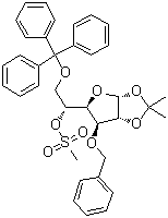 1,2-O-(1-甲基亚乙基)-3-O-(苯基甲基)-6-O-(三苯基甲基)-alpha-D-呋喃葡萄糖 5-甲烷磺酸酯分子结构 (CAS 21090-86-8)