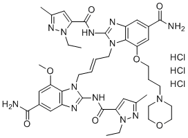 structure of CAS# 2138299-34-8, diABZI STING agonist-1 trihydrochloride;1-[(E)-4-[5-carbamoyl-2-[(2-ethyl-5-methylpyrazole-3-carbonyl)amino]-7-(3-morpholin-4-ylpropoxy)benzimidazol-1-yl]but-2-enyl]-2-[(2-ethyl-5-methylpyrazole-3-carbonyl)amino]-7-methoxybenzimidazole-5-carboxamide trihydrochloride