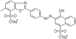 structure of CAS# 2150-33-6, Thiazine Red;Disodium 2-[4-[(1-hydroxy-4-sulphonato-2-naphthyl)azo]phenyl]-6-methylbenzothiazole-7-sulphonate