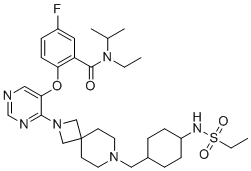 structure of CAS# 2169919-21-3, Revumenib;SNDX-5613;N-ethyl-2-[4-[7-[[4-(ethylsulfonylamino)cyclohexyl]methyl]-2,7-diazaspiro[3.5]nonan-2-yl]pyrimidin-5-yl]oxy-5-fluoro-N-propan-2-ylbenzamide
