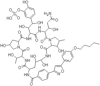 structure of CAS# 235114-32-6, Micafungin;[5-[(1S,2S)-2-[(3S,6S,9S,11R,15S,18S,20R,21R,24S,25S,26S)-3-[(1R)-3-amino-1-hydroxy-3-oxopropyl]-11,20,21,25-tetrahydroxy-15-[(1R)-1-hydroxyethyl]-26-methyl-2,5,8,14,17,23-hexaoxo-18-[[4-[5-(4-pentoxyphenyl)-1,2-oxazol-3-yl]benzoyl]amino]-1,4,7,13,16,22-hexazatricyclo[22.3.0.09,13]heptacosan-6-yl]-1,2-dihydroxyethyl]-2-hydroxyphenyl] hydrogen sulfate