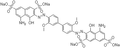 structure of CAS# 2429-74-5, Direct Blue 15;Tetrasodium 3,3'-[(3,3'-dimethoxy[1,1'-biphenyl]-4,4'-diyl)bis(azo)]bis[5-amino-4-hydroxynaphthalene-2,7-disulphonate]; Direct Sky Blue
