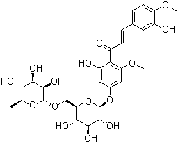 structure of CAS# 24292-52-2, Hesperidin methylchalcone;(E)-1-(4-((6-O-(6-Deoxy-alpha-L-mannopyranosyl)-beta-D-glucopyranosyl)oxy)-2-hydroxy-6-methoxyphenyl)-3-(3-hydroxy-4-methoxyphenyl)-2-propen-1-one