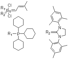 structure of CAS# 253688-91-4, [1,3-Bis(2,4,6-trimethylphenyl)-2-imidazolidinylidene]dichloro(3-methyl-2-butenylidene)(tricyclohexylphosphine)ruthenium(II)