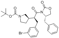 tert-Butyl (R)-3-((S)-1-((S)-4-benzyl-2-oxooxazolidin-3-yl)-3-(3-bromophenyl)-1-oxopropan-2-yl)pyrrolidine-1-carboxylate molecular structure (CAS 2565657-41-0)