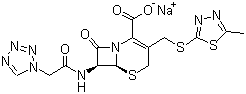 结构式 CAS# 27164-46-1, 头孢唑啉钠; (6R,7R)-3-[[(5-甲基-1,3,4-噻二唑-2-基)硫]甲基]-7-[(1H-四唑-1-基)乙酰氨基]-8-氧代-5-硫杂-1-氮杂双环[4.2.0]辛-2-烯-2-甲酸钠盐