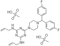 structure of CAS# 29608-49-9, Almitrine dimesylate;N,N'-Diallyl-6-[4-[bis(4-fluorophenyl)methyl]piperazin-1-yl]-1,3,5-triazine-2,4-diamine dimethanesulphonate; 2,4-Bis(allylamino)-6-[4-[bis(p-fluorophenyl)methyl]-1-piperazinyl]-s-triazine dimethanesulfonate