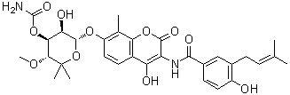 structure of CAS# 303-81-1, Novobiocin;Streptonivicin; Albamix; Albamycin; Antibiotic PA-93; Cardelmycin; Cathocin; Cathomycin; Crystallinic acid; Inamycin; Novo-R; PA 93; Robiocina; Sirbiocina; Spheromycin; Stilbiocina; Streptonivicin; U 6391