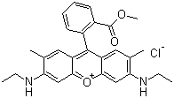 structure of CAS# 3068-39-1, Basic Red 1:1;C.I. 45161; 3,6-Bis(ethylamino)-9-[2-(methoxycarbonyl)phenyl]-2,7-dimethylxanthylium chloride